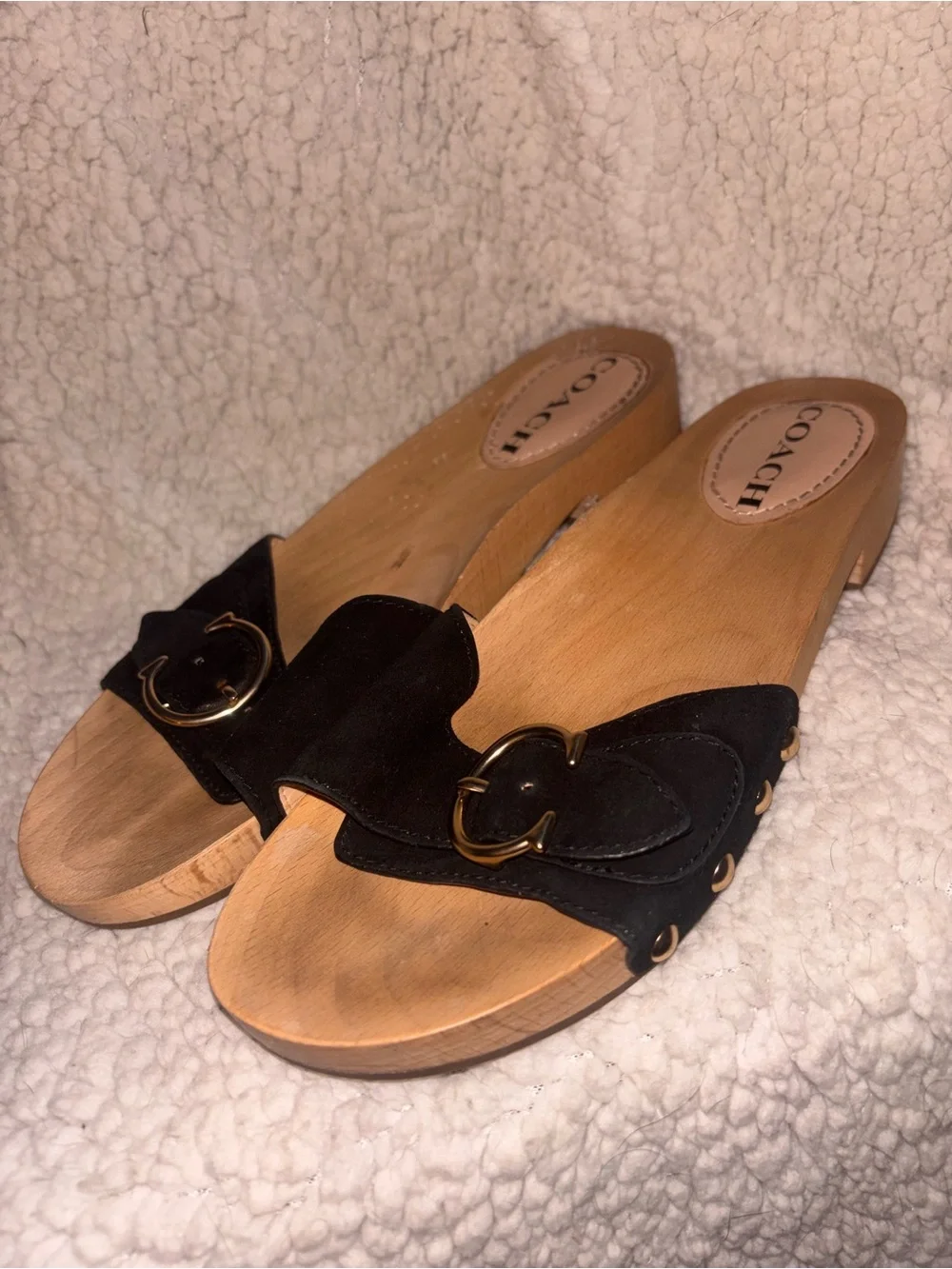 Coach Black Suede Buckle Wooden Clog Slide Sandals Gold Studs Size US 6